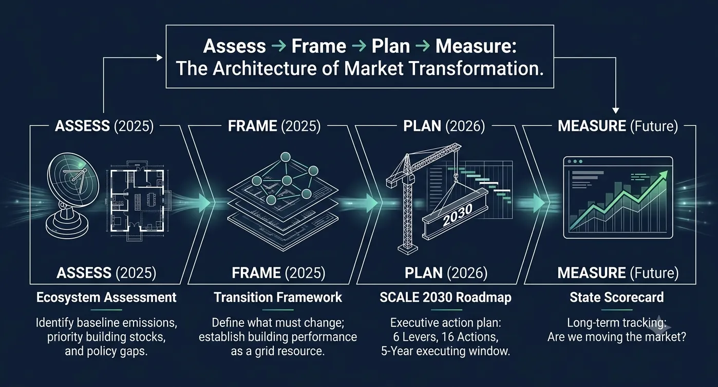 Four-stage sequence: Assess (2025), Frame (2025), Plan (2026), Measure (future)
