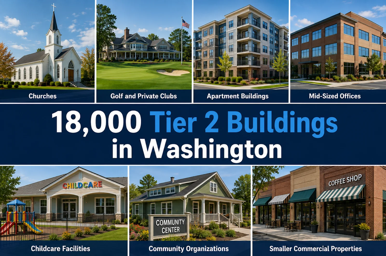 Collage of Tier 2 building types in Washington: a church, a golf club, an apartment building, a mid-sized office, a childcare facility, a community center and a small commercial property, with the headline 18,000 Tier 2 buildings in Washington.