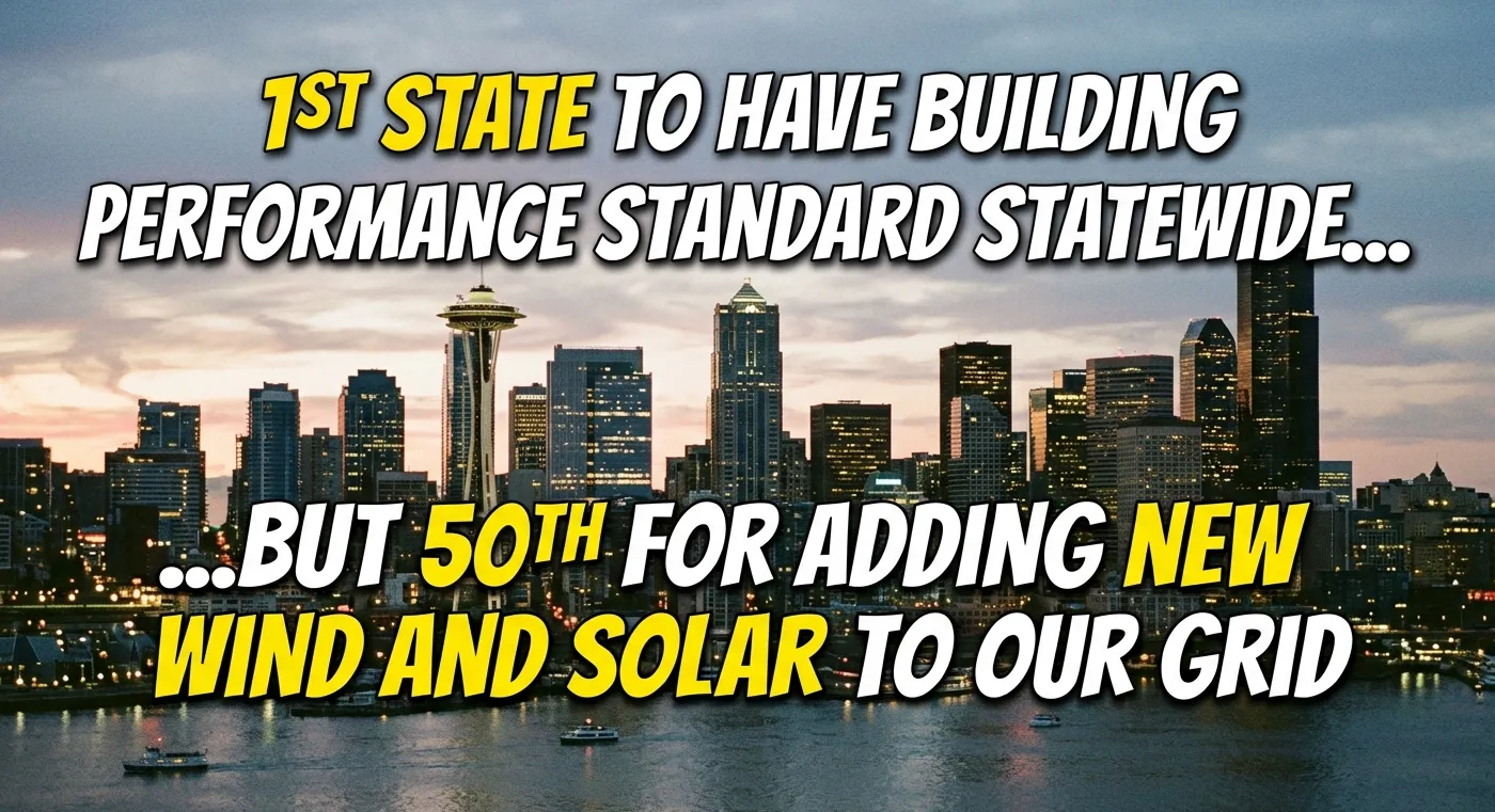 Seattle skyline at dusk: first state to have a statewide building performance standard, but 50th for adding new wind and solar